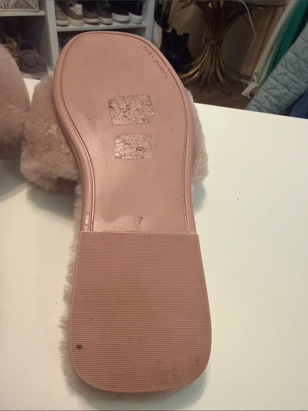 Tory Burch Embellished Pink Faux-Fur Slide Sandals